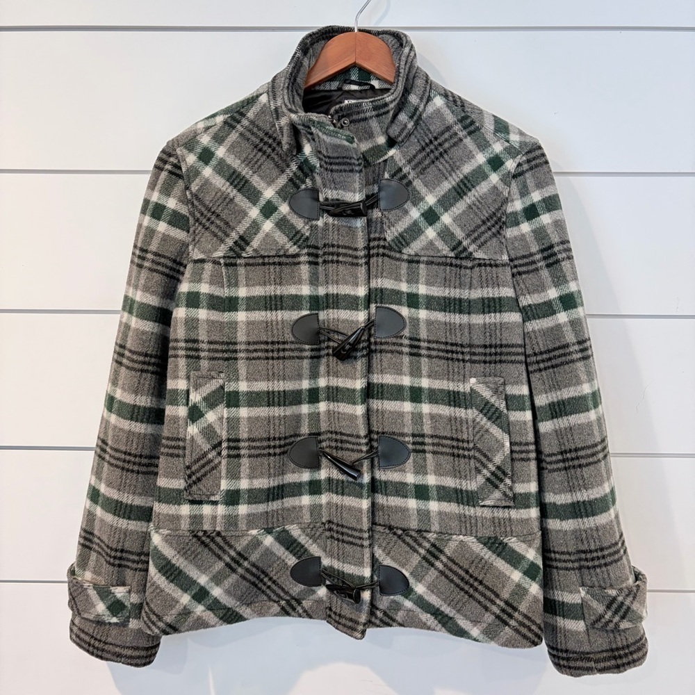Bass Plaid Wool Toggle Coat L Green Gray Preppy 90s Ivy Vintage
